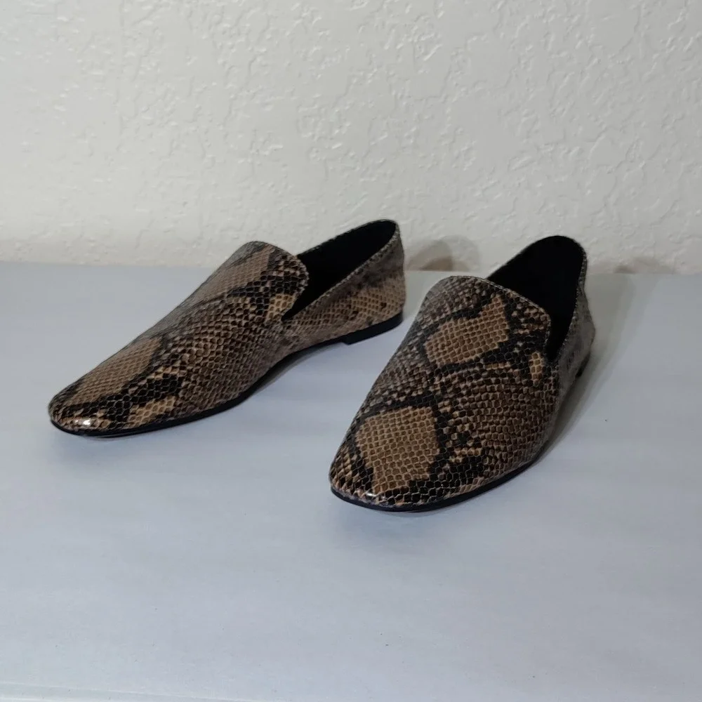 Zara Snakeskin Print Loafers Brown Black Python Pointed Toe Flat Shoes Size 37